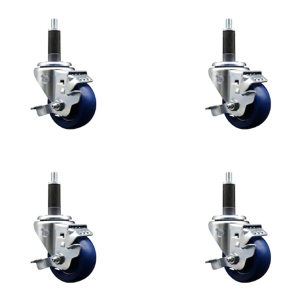 3'' Solid Poly Swivel 1'' Expanding Stem Caster Set with Brake, 4PK